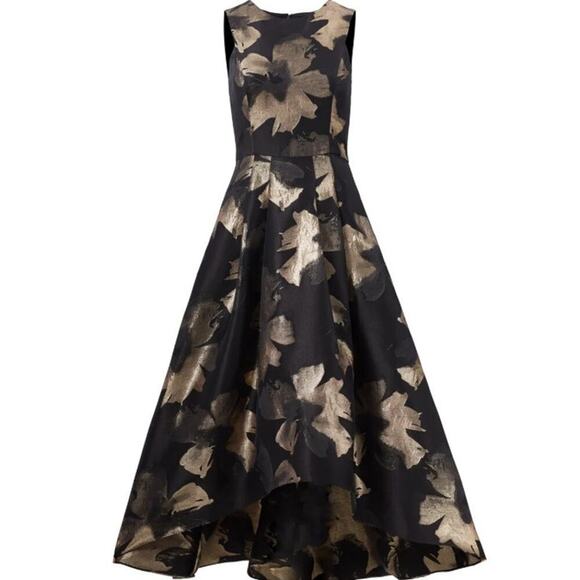 Shoshanna Size 0 Black Gold Coraline Jacquard Cocktail Floral Luxury Midi Dress - Picture 1 of 13